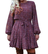 She + Sky - Long Sleeve Print Dress With Flutter Bottom