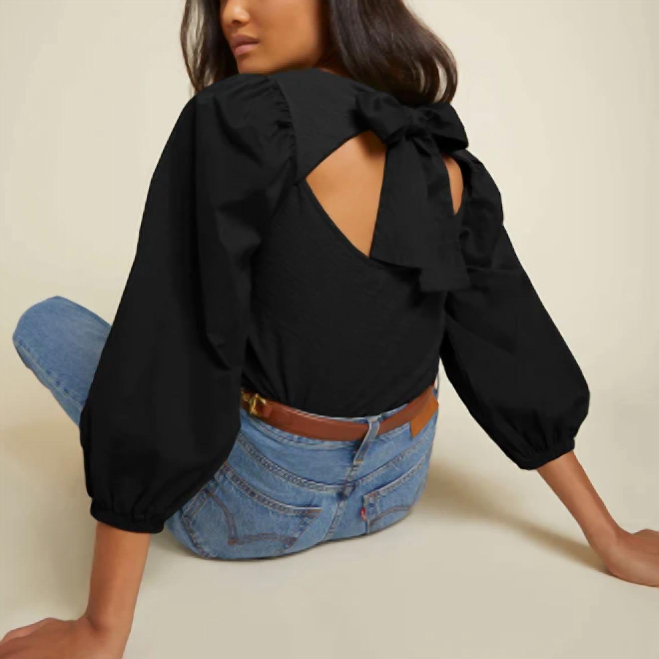 Nation LTD Shalom Tie Back Combo Tee in jet black - women's long sleeve top - detail view