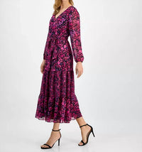 Kasper - Long Sleeve V-neck Printed Maxi Dress