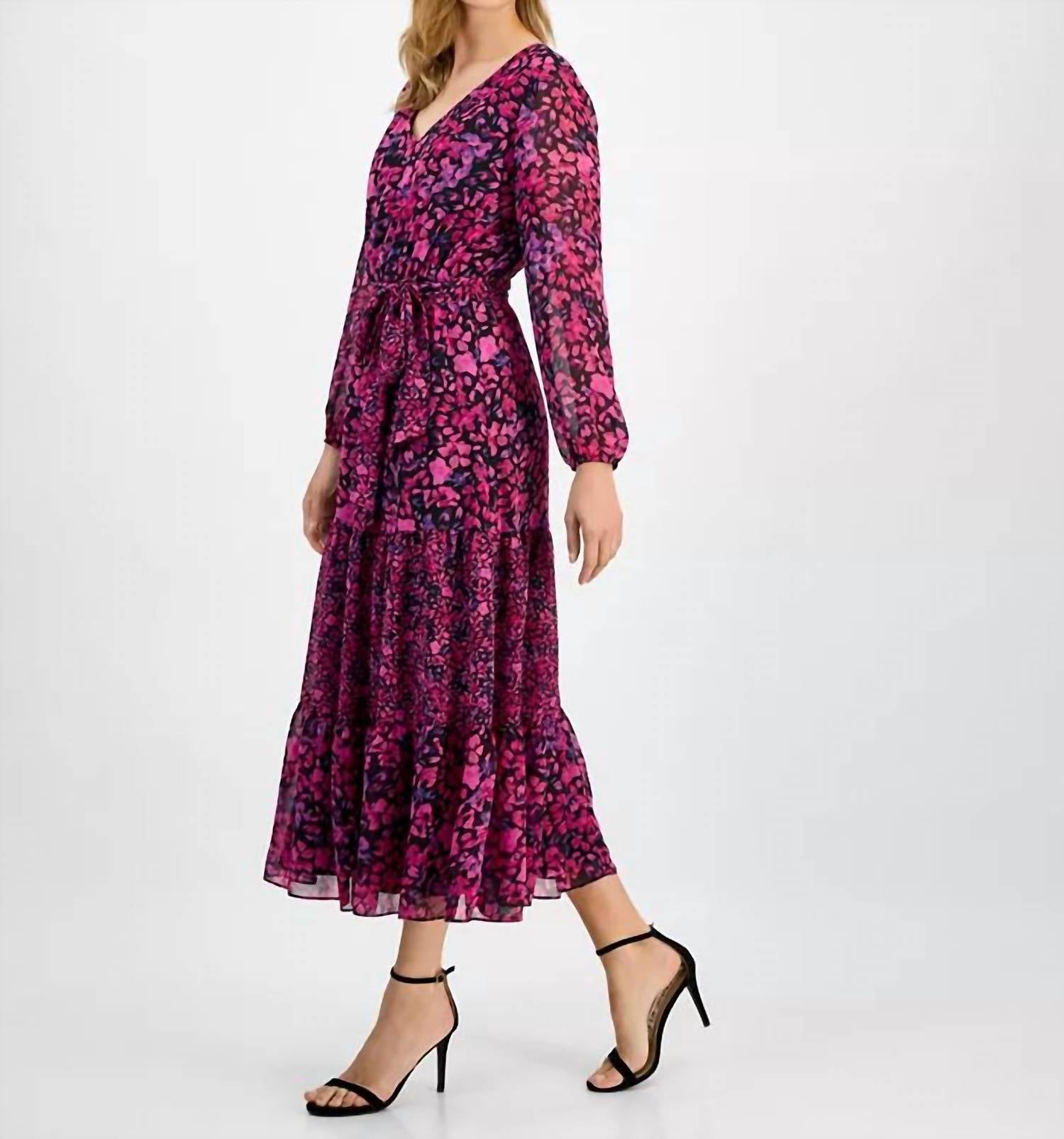 Kasper - Long Sleeve V-neck Printed Maxi Dress