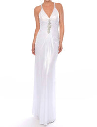 Precious Formals - Diamond-adorned Halter Holographic Evening Gown