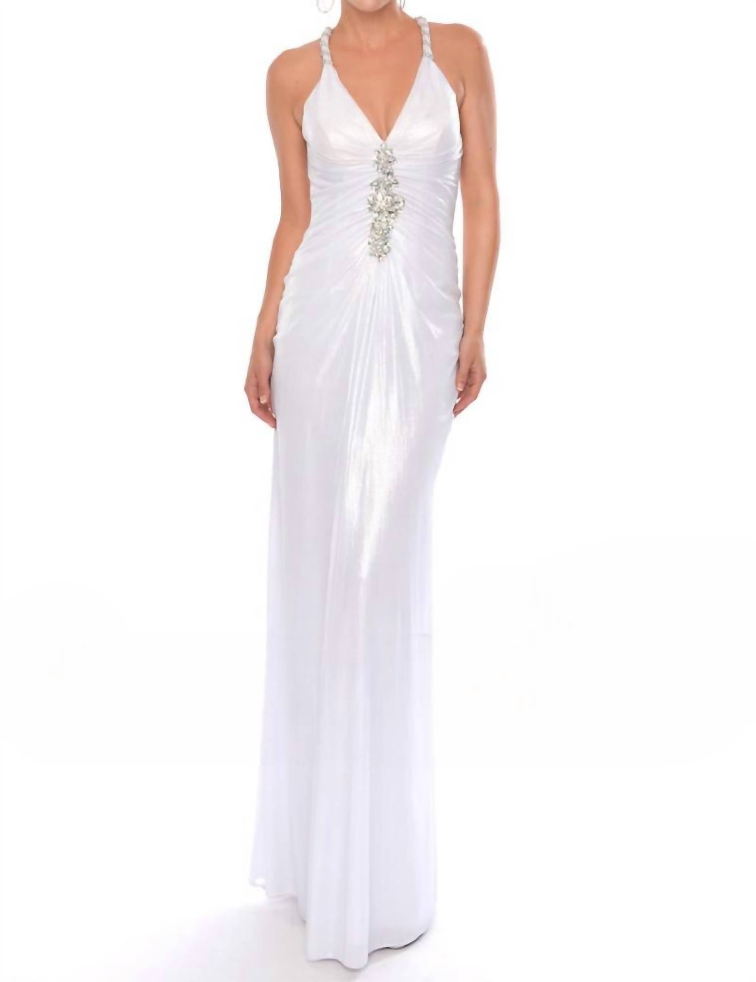 Precious Formals - Diamond-adorned Halter Holographic Evening Gown