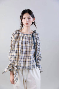 Psophia - Bardot Plaid Blouse with Drawstring Neckline