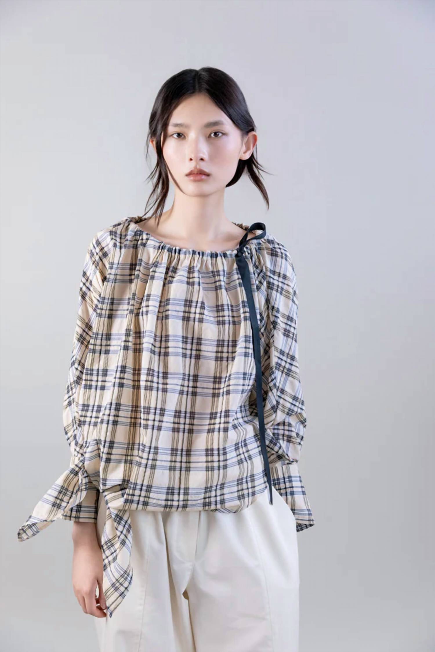 Psophia - Bardot Plaid Blouse with Drawstring Neckline