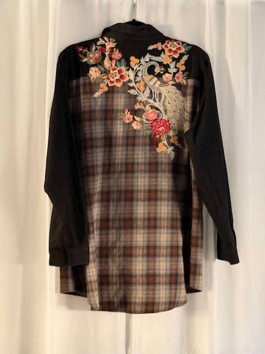 Paparazzi - brown plaid, black denim, embroidered floral/peacock