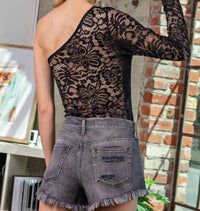 Ee:Some - Lacey One Shoulder Lace Sleeve Bodysuit