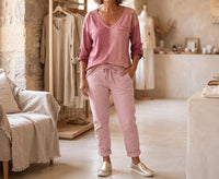 Made In Italy - Two Tone Long Sleeve V-neck Top