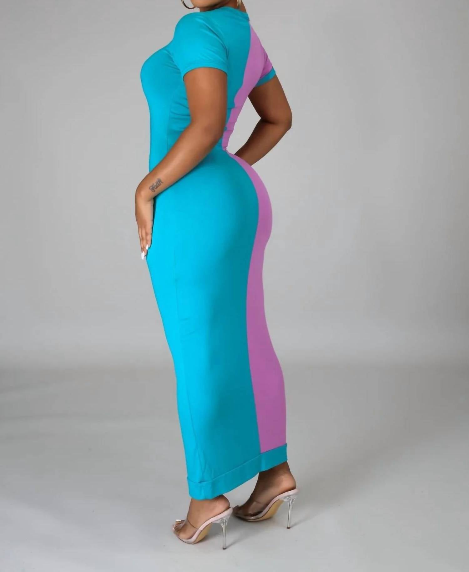 Good Time Usa - Surprise Me Short Sleeve Color Block Fitted Midi Dress