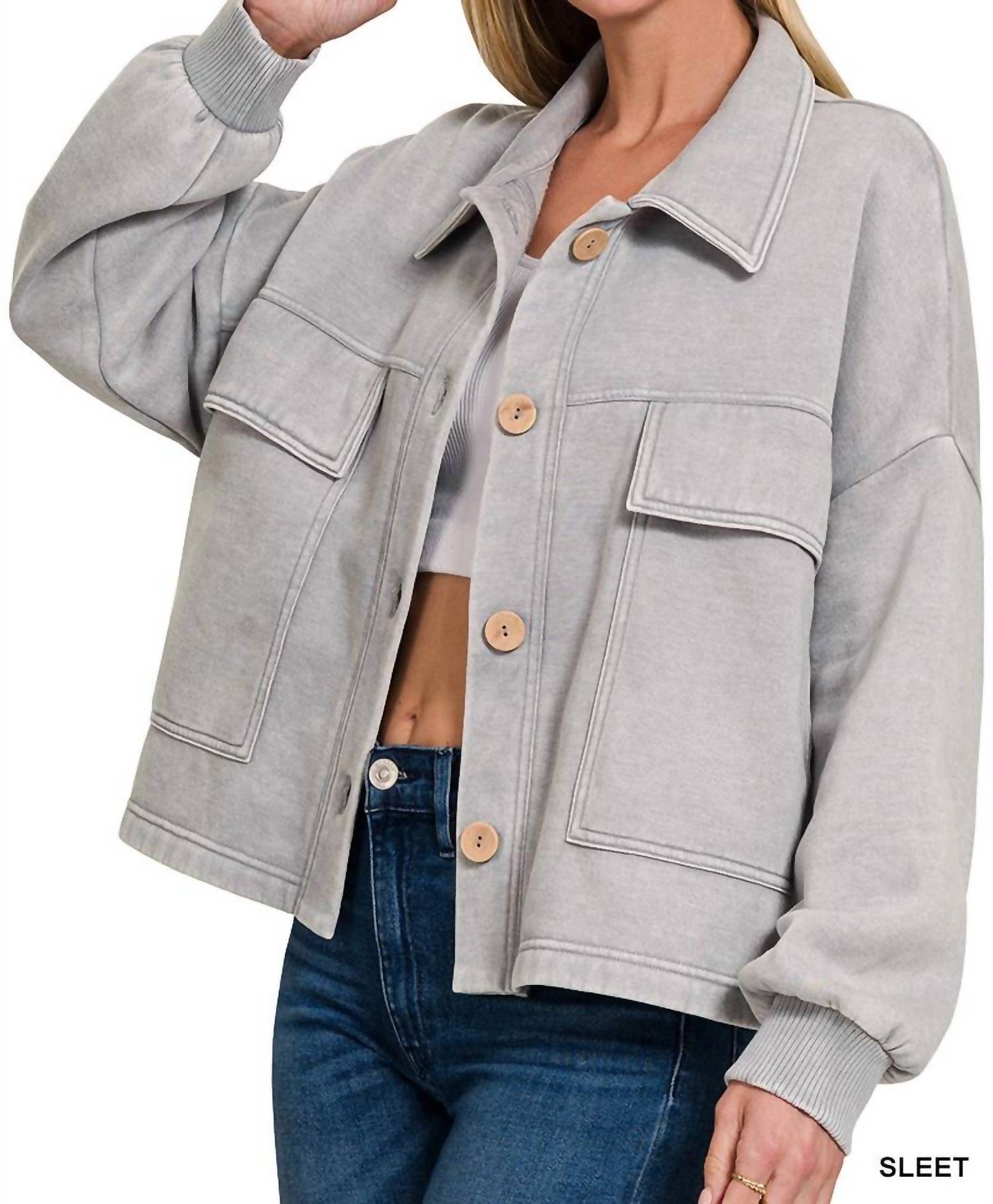 Zenana - Acid Wash Fleece Cropped Shacket With Front Pockets