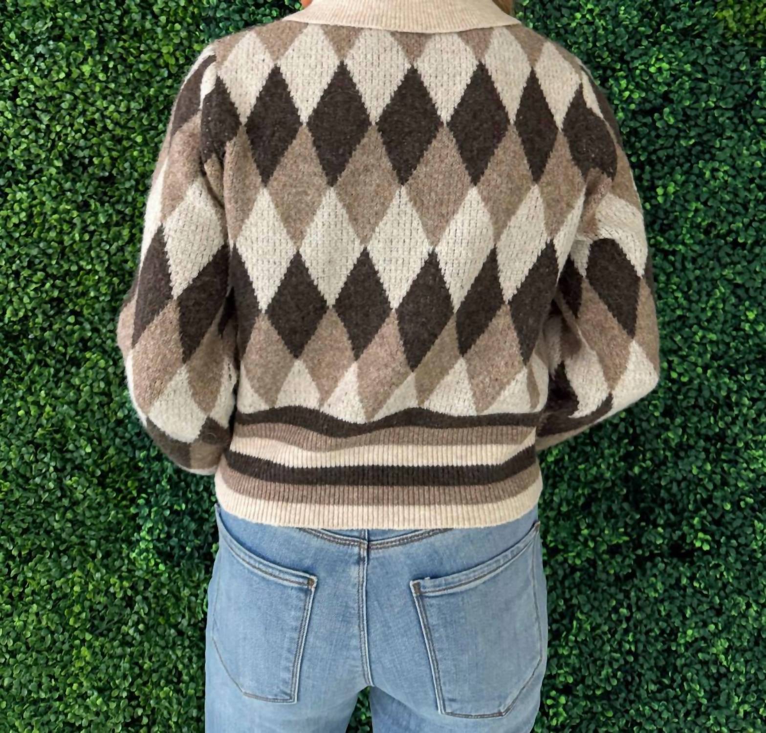 Aaron & Amber Argyle Pattern Collar Sweater Top in brown combo - women's sweater - alternate view