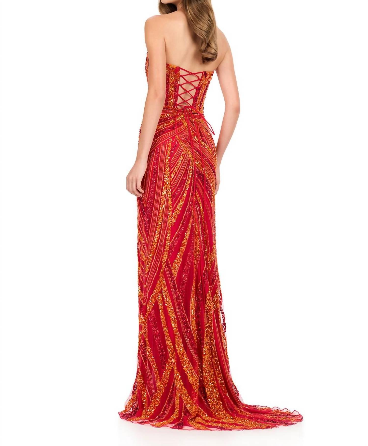 ASHLEYlauren Fully Beaded Lace-up Back Prom Dress in orange red - women's dress - detail view