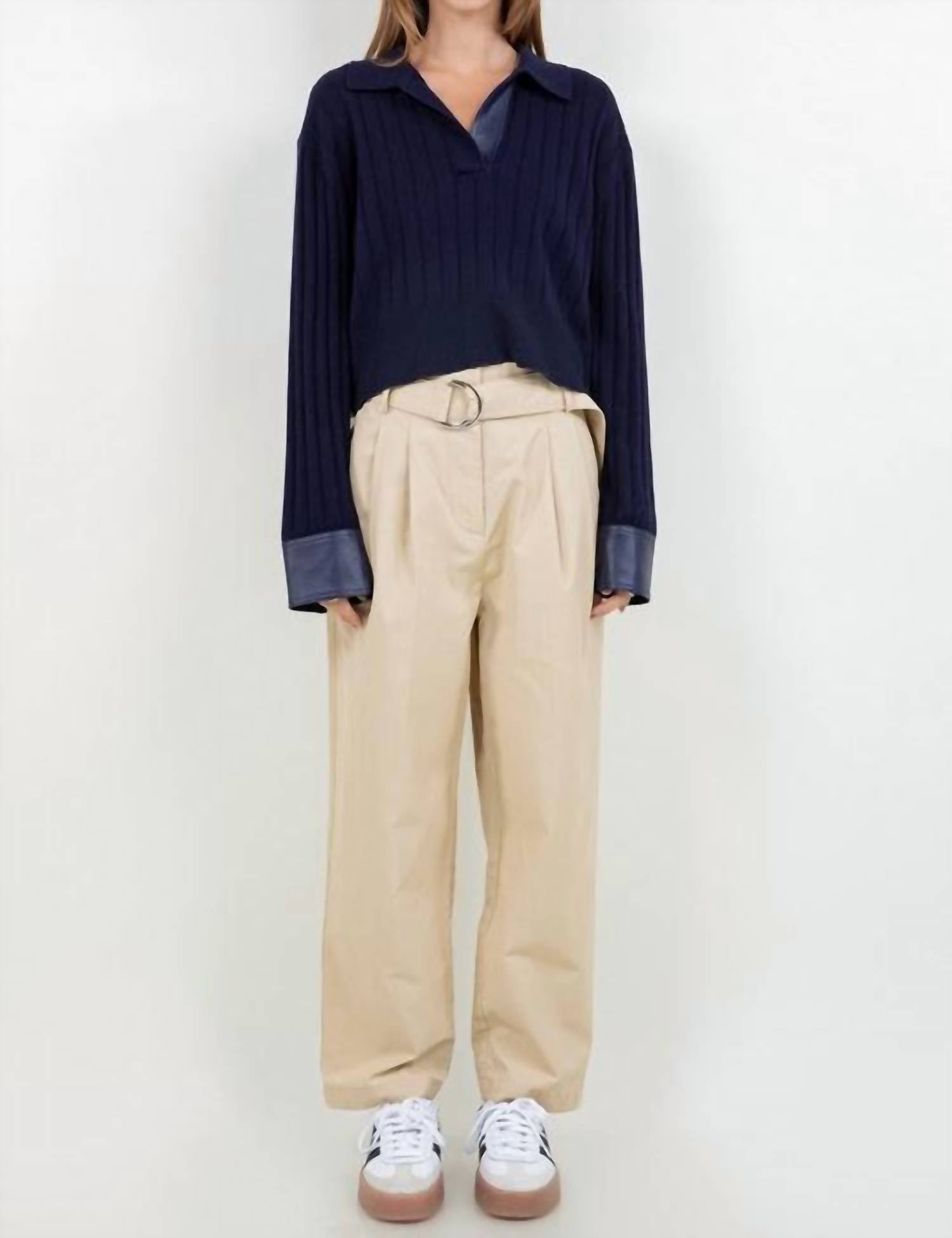 Whiteroom+Cactus - Faux Leather Knitted Long Sleeve Sweater