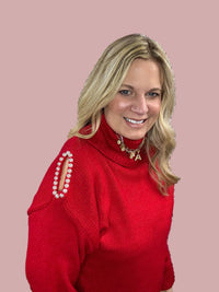 GEEGEE Turtleneck Sweater With Pearl Details in red - women's sweater - alternate view
