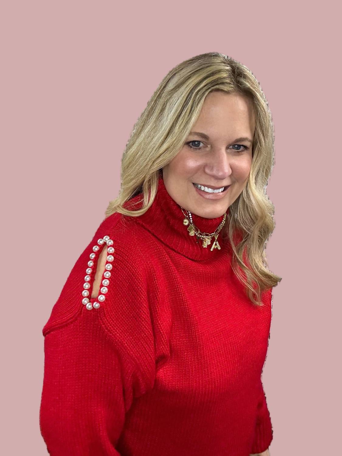 GEEGEE Turtleneck Sweater With Pearl Details in red - women's sweater - alternate view