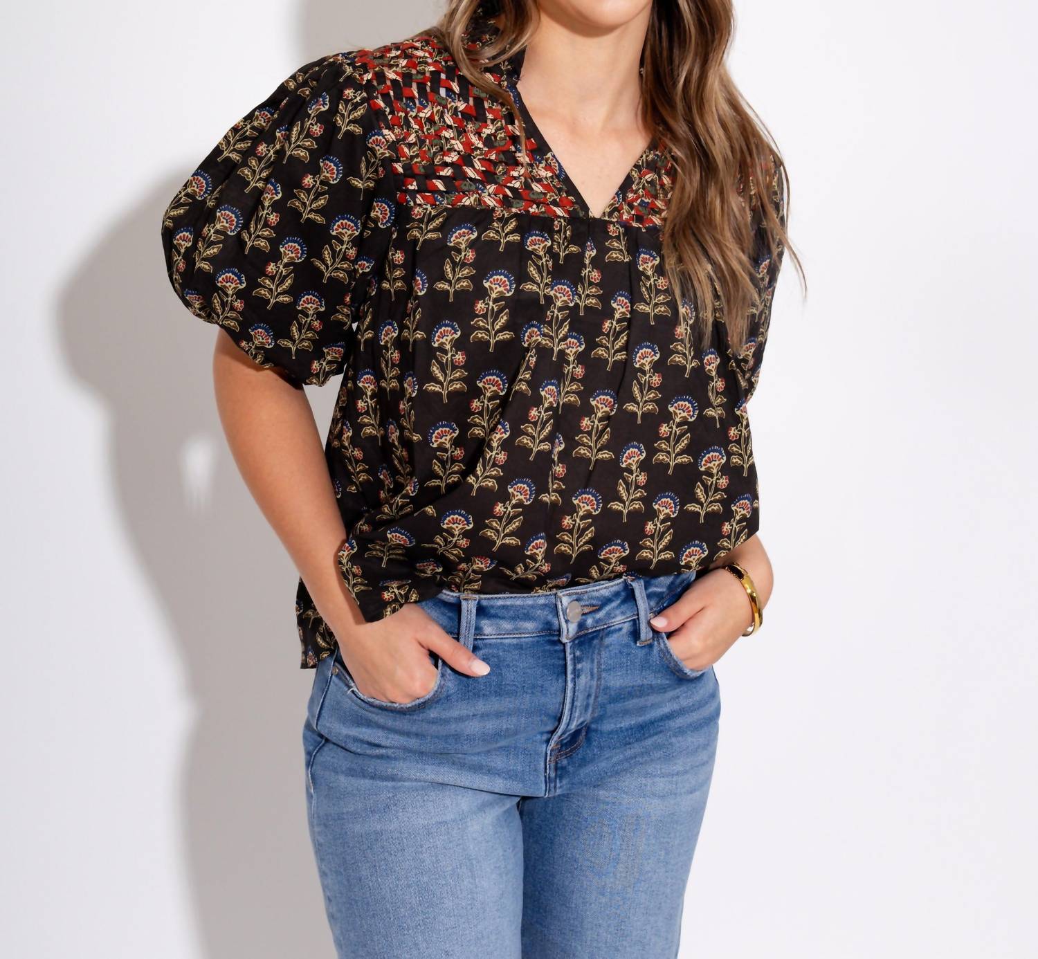 Thml - Woven Detail Floral Puff Sleeve Top