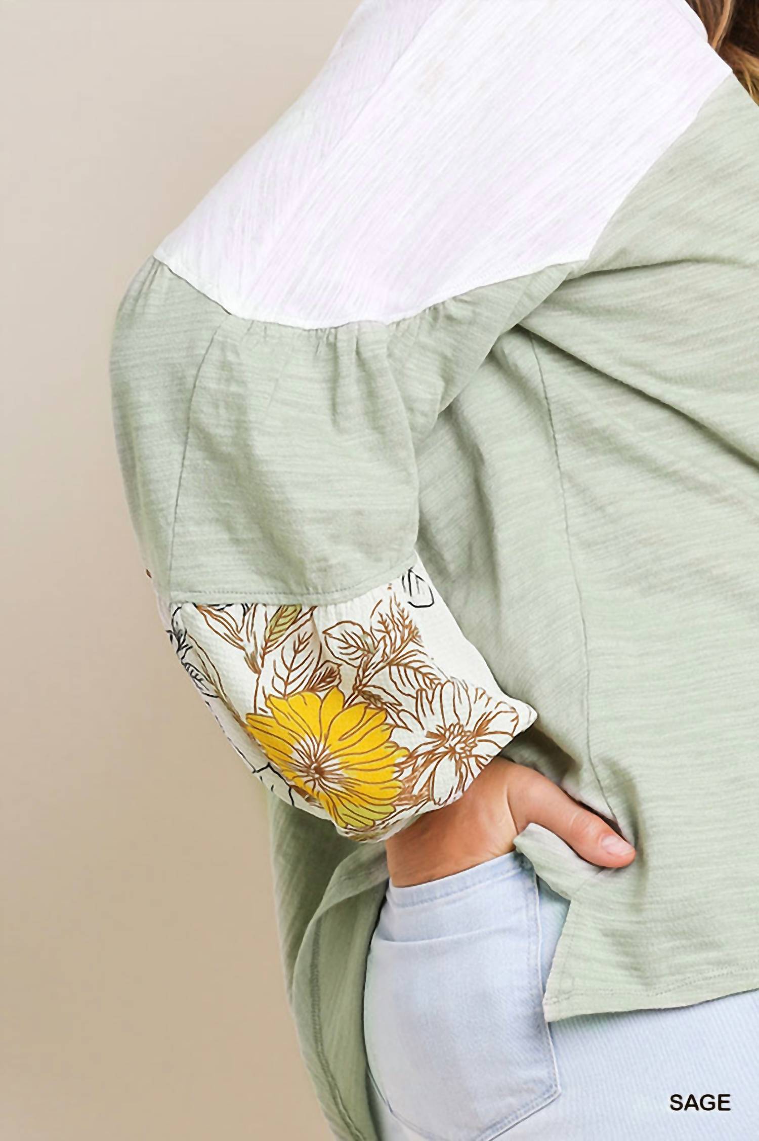 Umgee - Leaf Puff Sleeve Colorblock Top