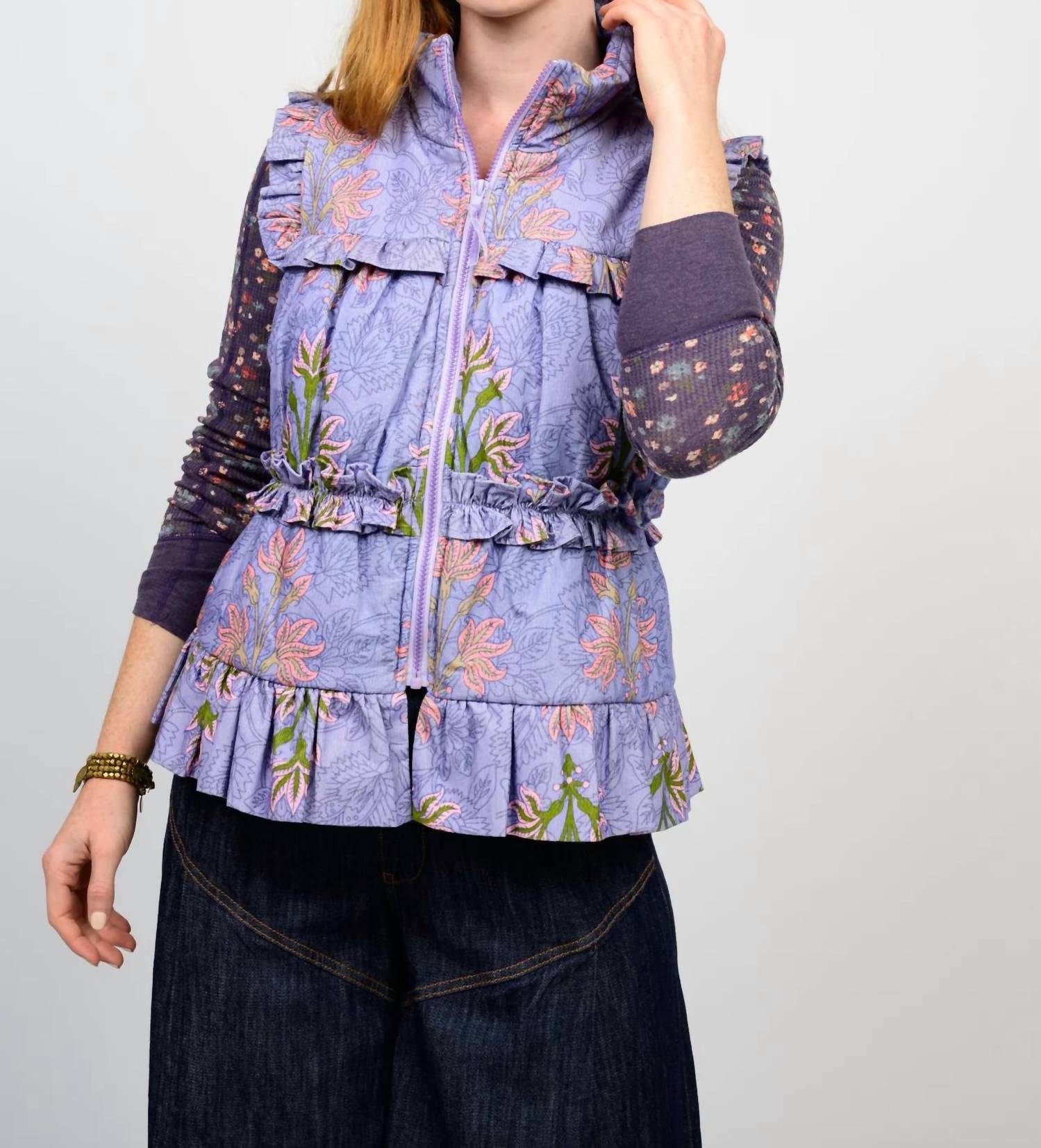 Ivy Jane BLOCK PRINT CORDUROY VEST in periwinkle 1 - women's jacket - alternate view