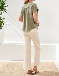 TRIBAL Button-front Extended Cap Sleeve Blouse in cactus clay - women's blouse - detail view