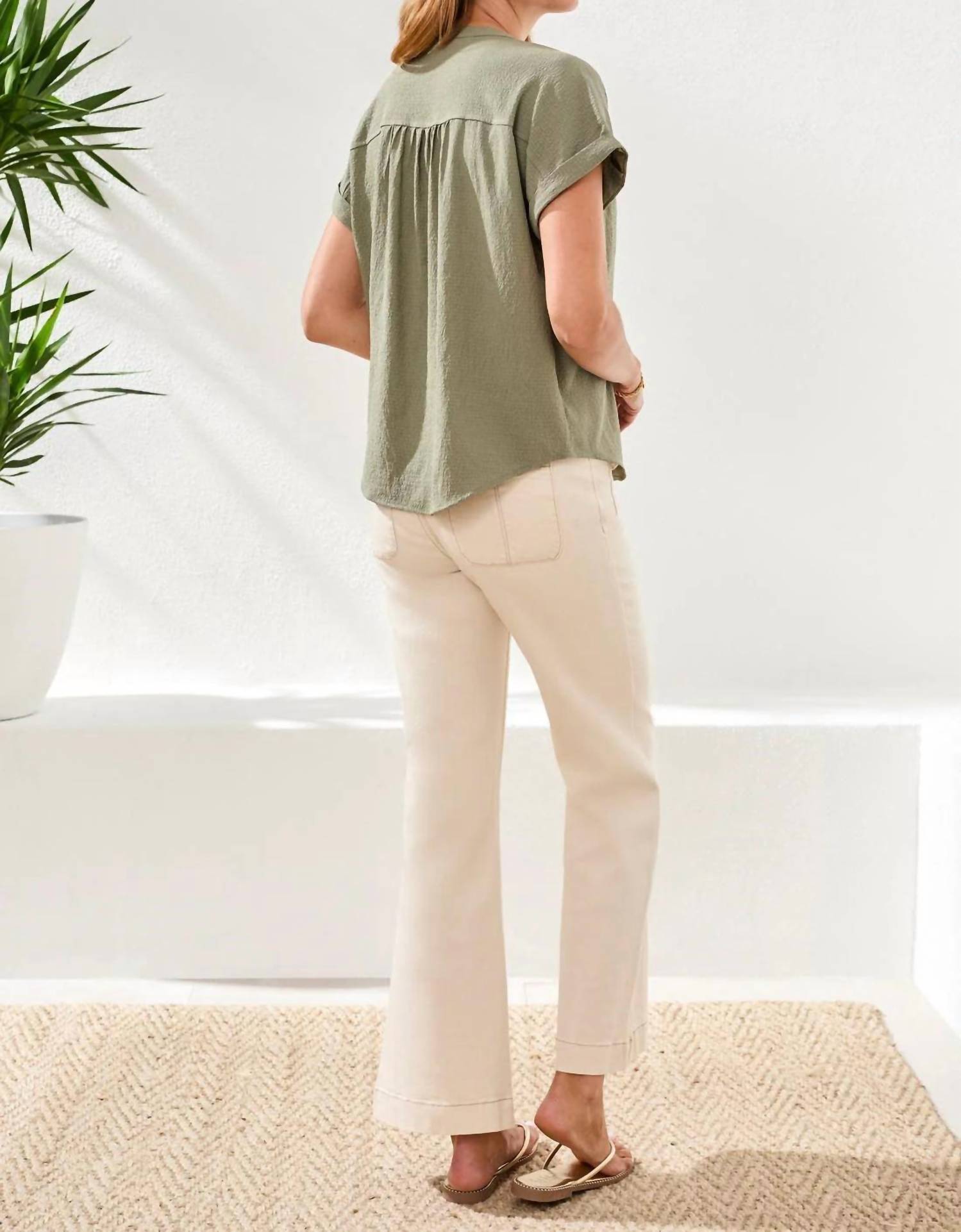 TRIBAL Button-front Extended Cap Sleeve Blouse in cactus clay - women's blouse - detail view