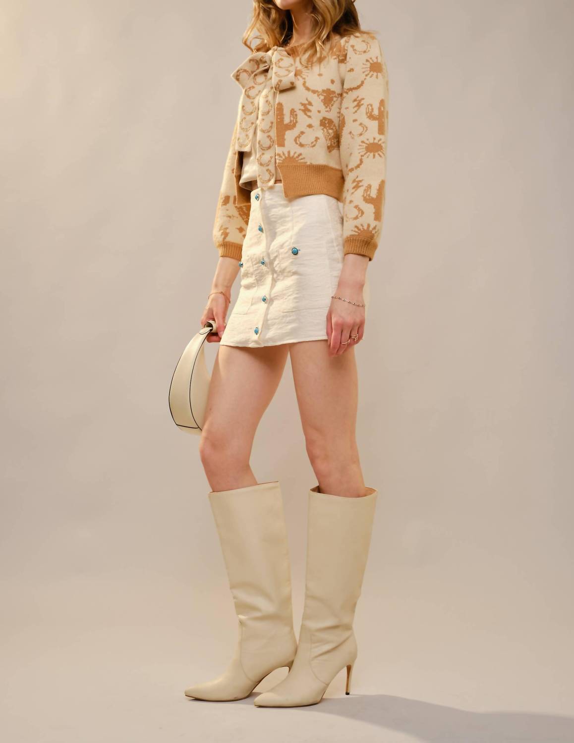Blue B Western Motif Tie Front Cardigan in taupe - women's cardigan - alternate view