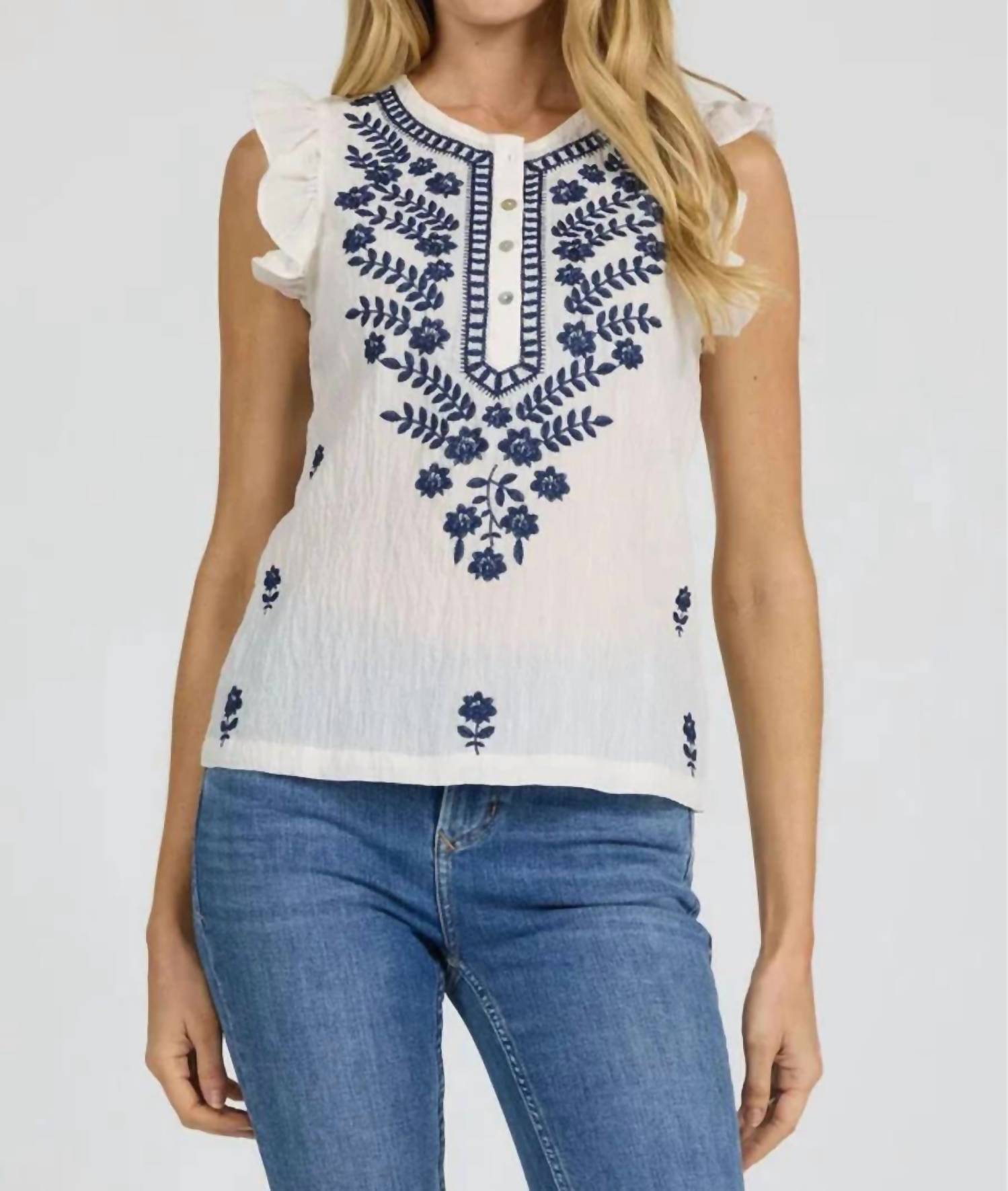 Dear John Denim - Nicola Floral Embroidered Ruffle Sleeve Top