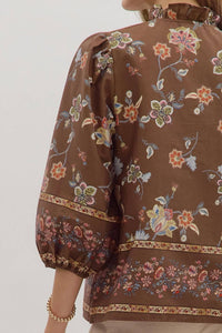 entro Ruffle Neck Shirt in brown pink floral - women's blouse - view 6