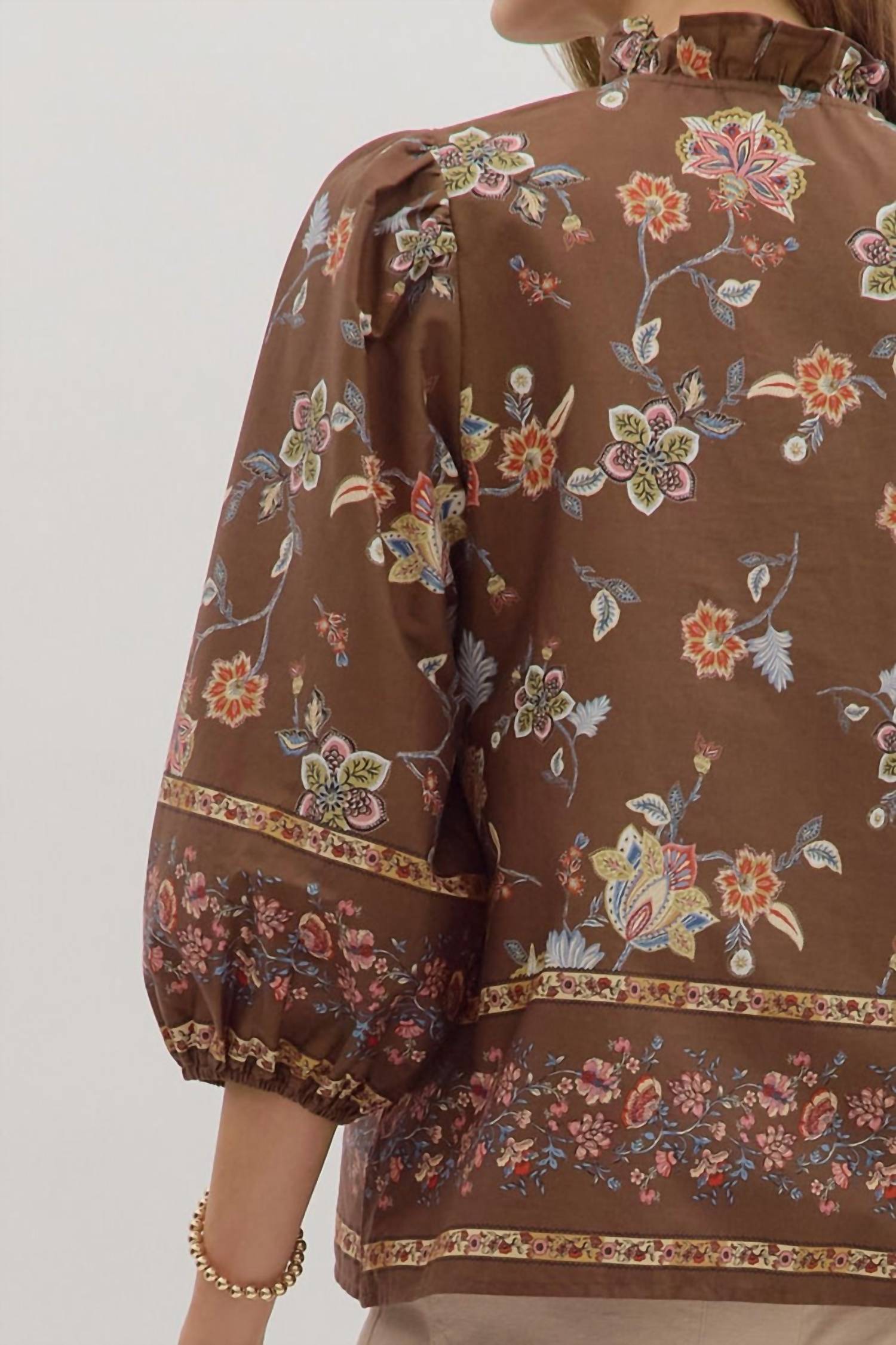 entro Ruffle Neck Shirt in brown pink floral - women's blouse - view 6