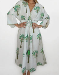 NIBI MTK Rio Kaftan Dress in green palms - women's dress - detail view