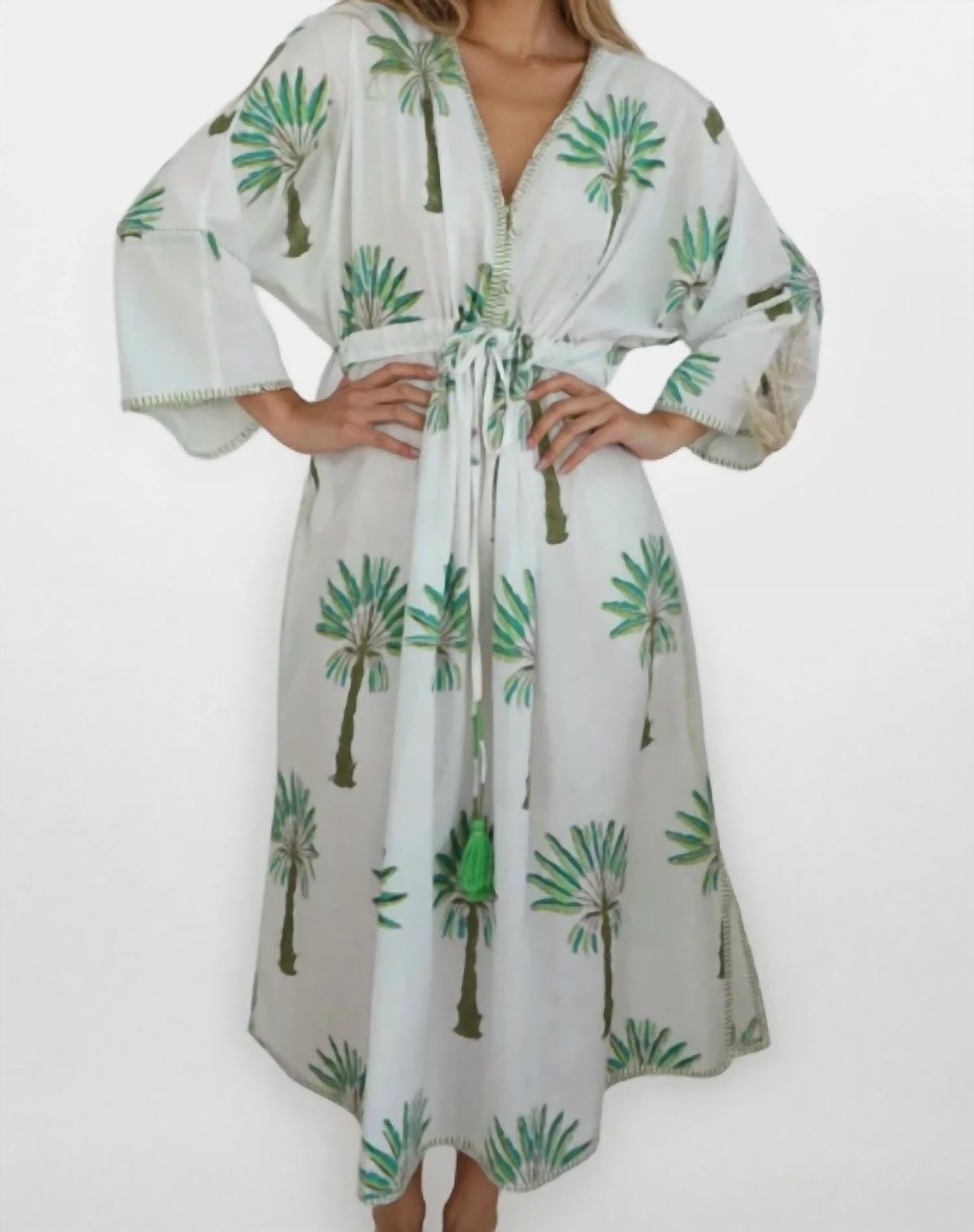 NIBI MTK Rio Kaftan Dress in green palms - women's dress - detail view