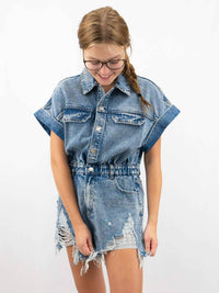 Bibi - Distressed Cinch Waist Denim Romper