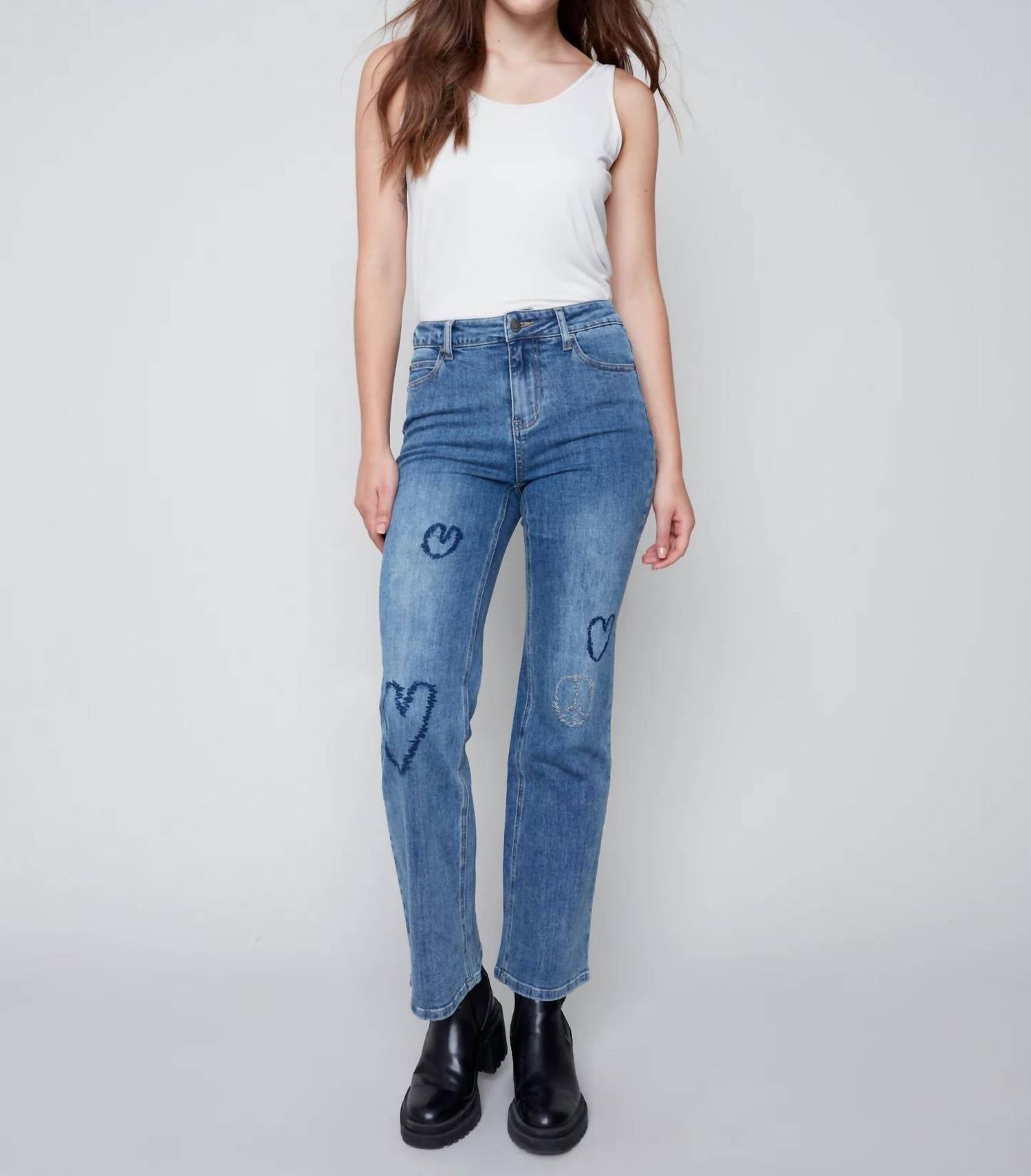 CHARLIE B Heart Embroidered Jean in medium blue - women's jeans - view 5