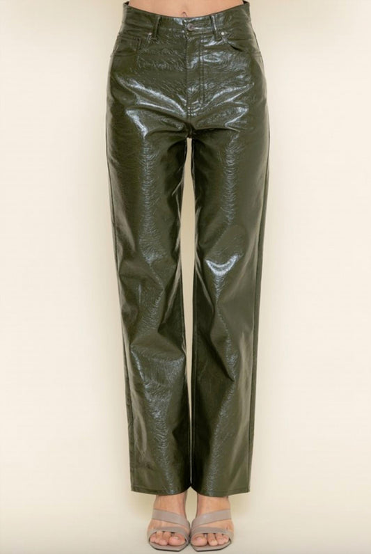 Fore Collection - High Waisted Wide Leg Glossy Leather Pants