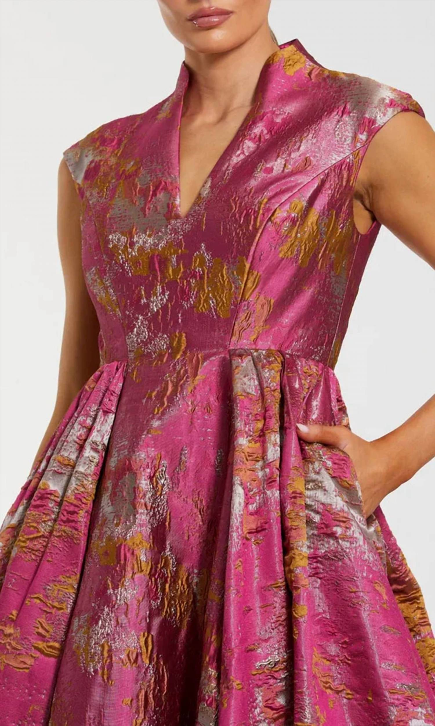 MAC DUGGAL Metallic Brocade Mandarin Collar V-Neck Gown in rasberry multi - women's dress - alternate view