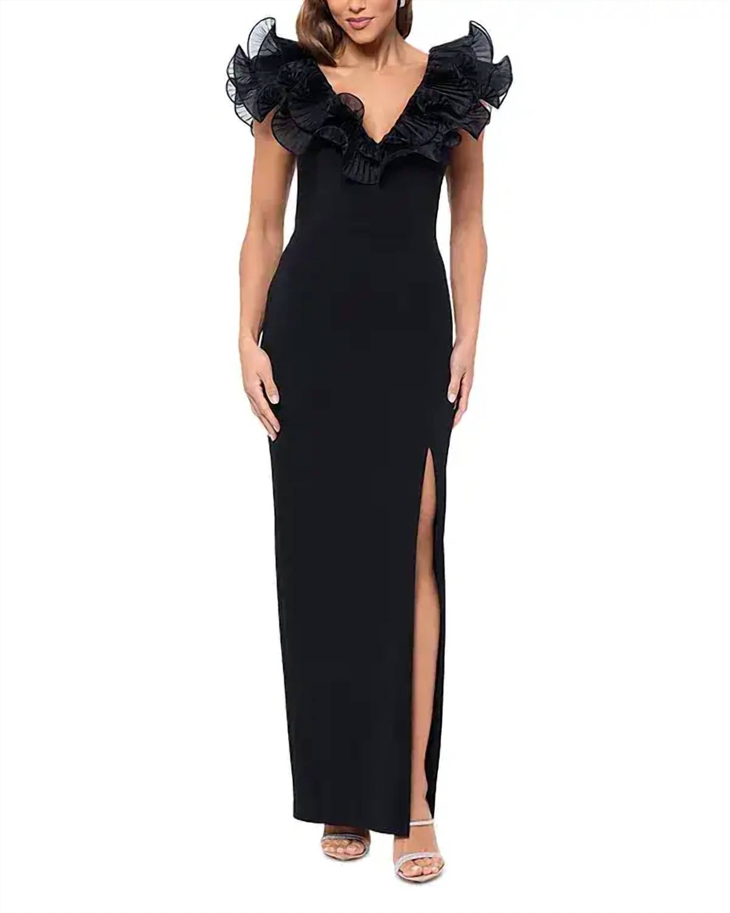 Aqua - Scuba Crepe Ruffled Slit Gown