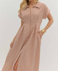 entro Button Front Stripe Dress in beige - women's dress - view 4