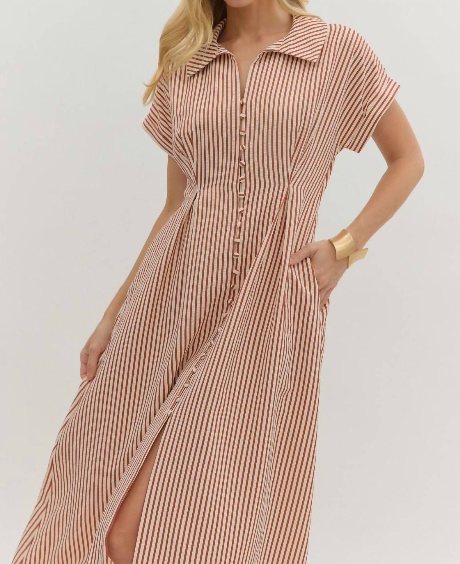 entro Button Front Stripe Dress in beige - women's dress - view 4