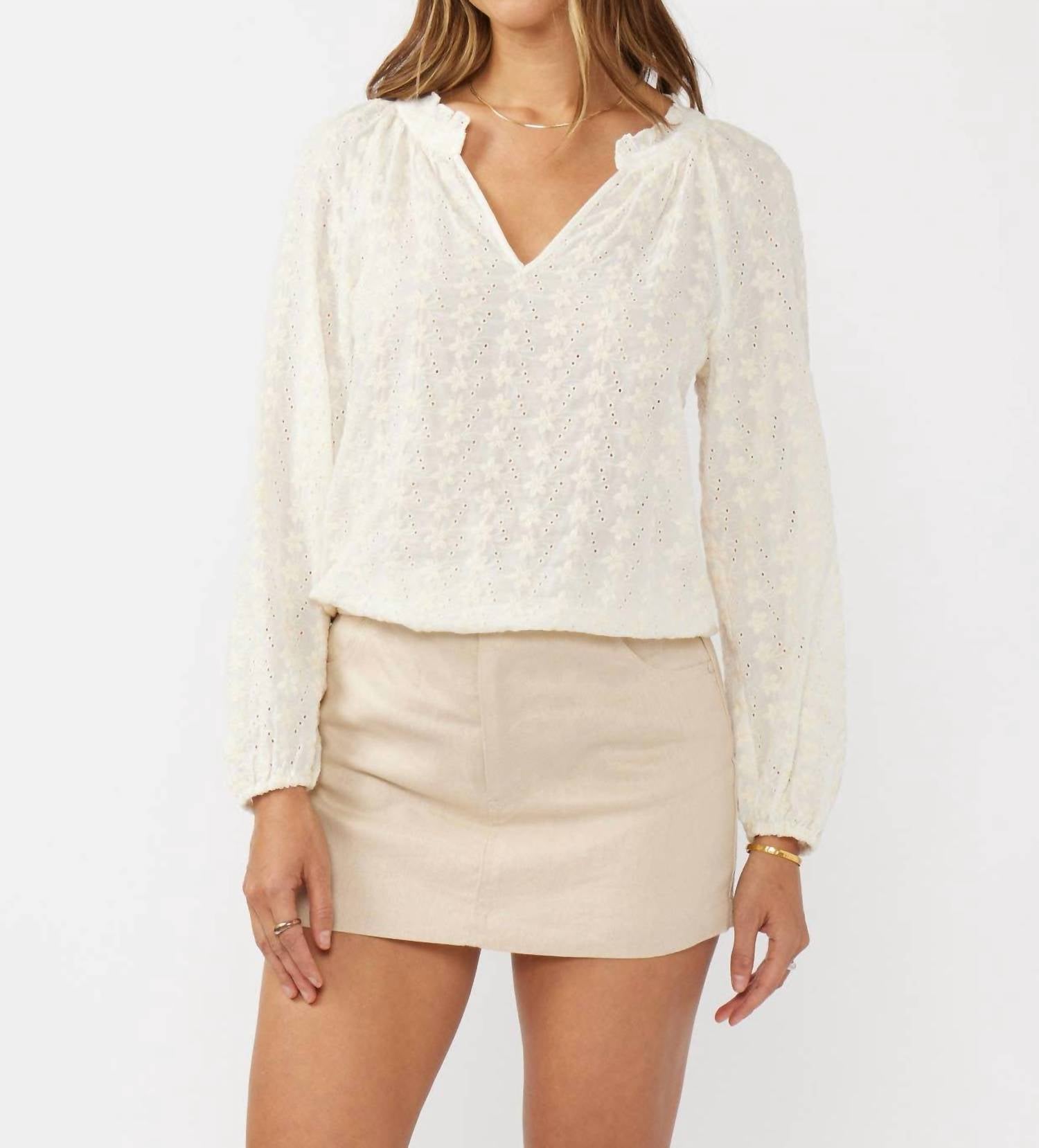 Lovestitch - Embroidered Floral Eyelet Long Sleeve Blouse