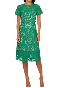 Adrianna Papell - Lace Round Neck A-line Midi Dress
