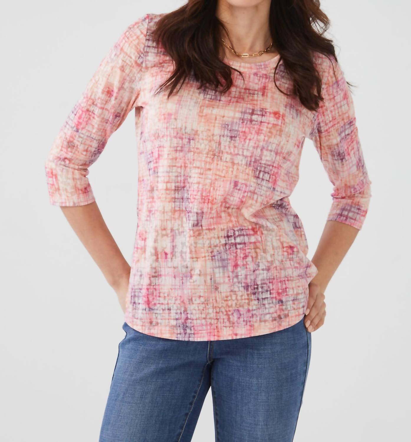 Fdj - 3/4 Sleeve Scoop Neck Top in Orange Plaid