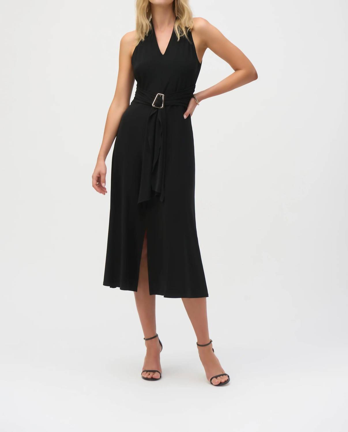 Joseph Ribkoff - V-neck Waist Sash Fit And Flare Dress