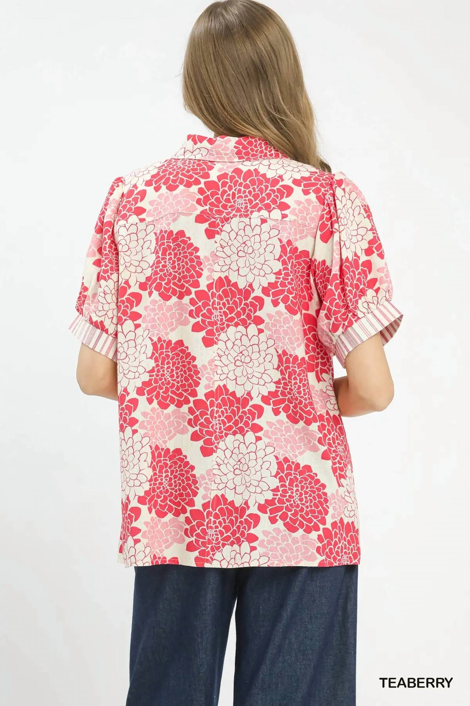 Umgee - Floral Collared Short Sleeve Blouse