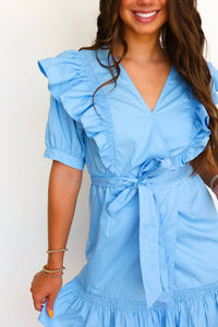 Karlie - Solid Poplin Wrap Ruffle Mini Dress