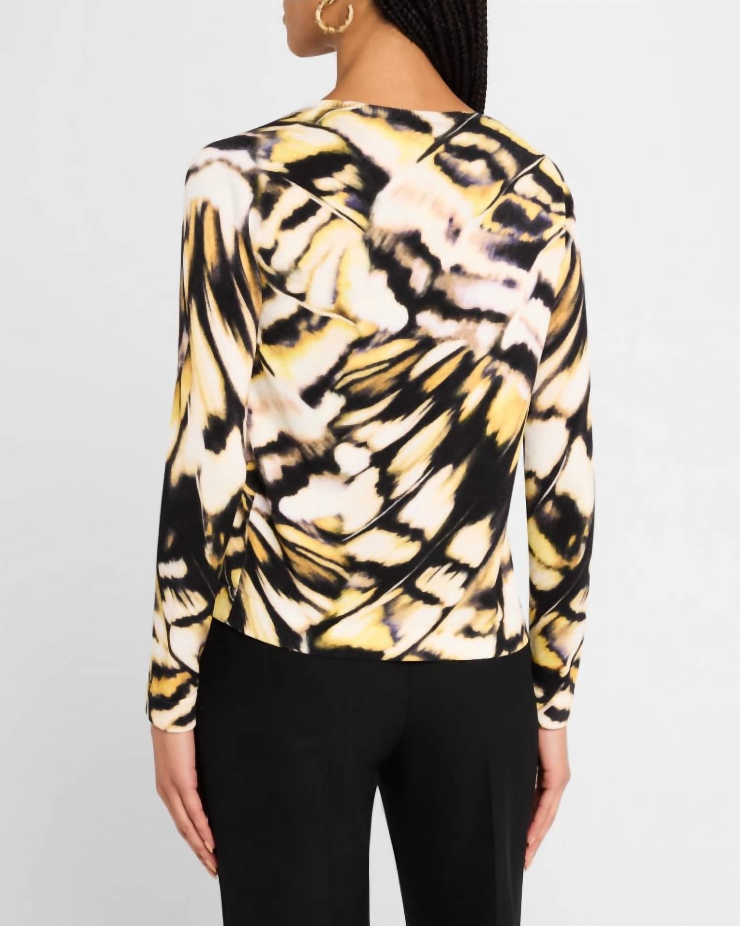 Oscar de la Renta Butterfly Printed Cardigan in black multi - women's cardigan - detail view