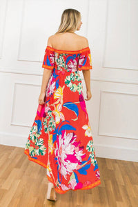 Flying Tomato - Tropical Floral Off Shoulder Hi-lo Maxi Dress