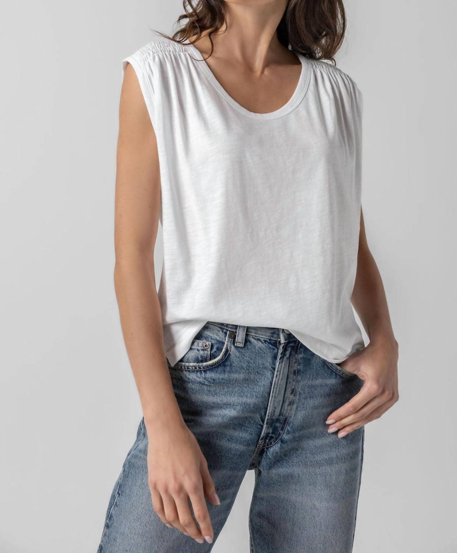 Lilla P - Shirred Shoulder Scoop Neck Tee Top