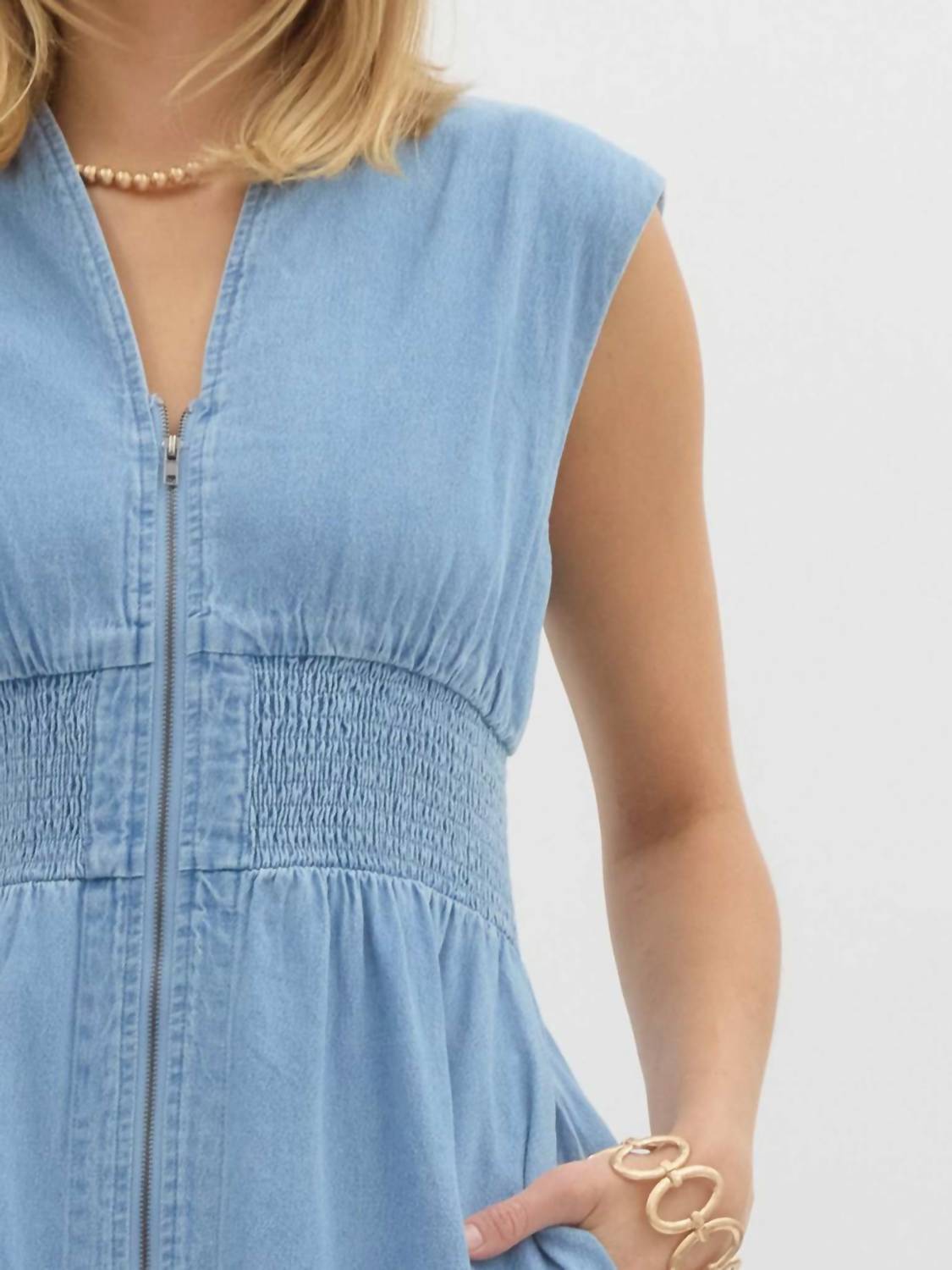 Entro - Denim Sleeveless Zip Front Midi Dress