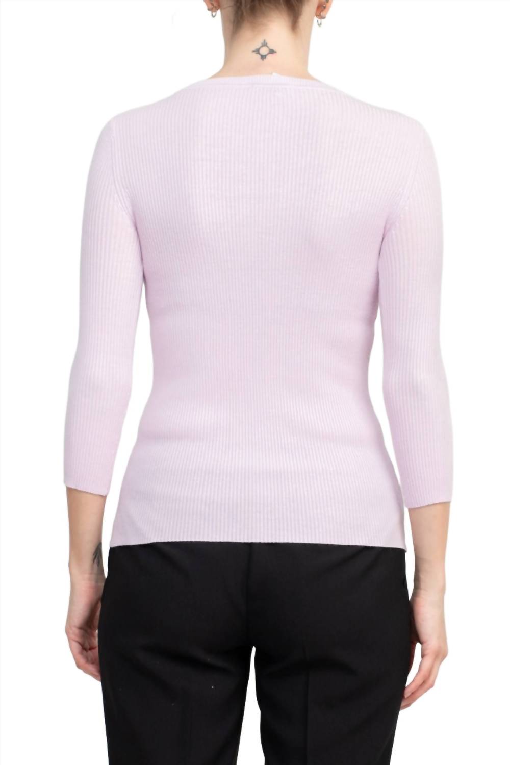 Joan Vass - 3/4 Sleeve Ribbed Pullover Cutout Chest Detail Knit Top