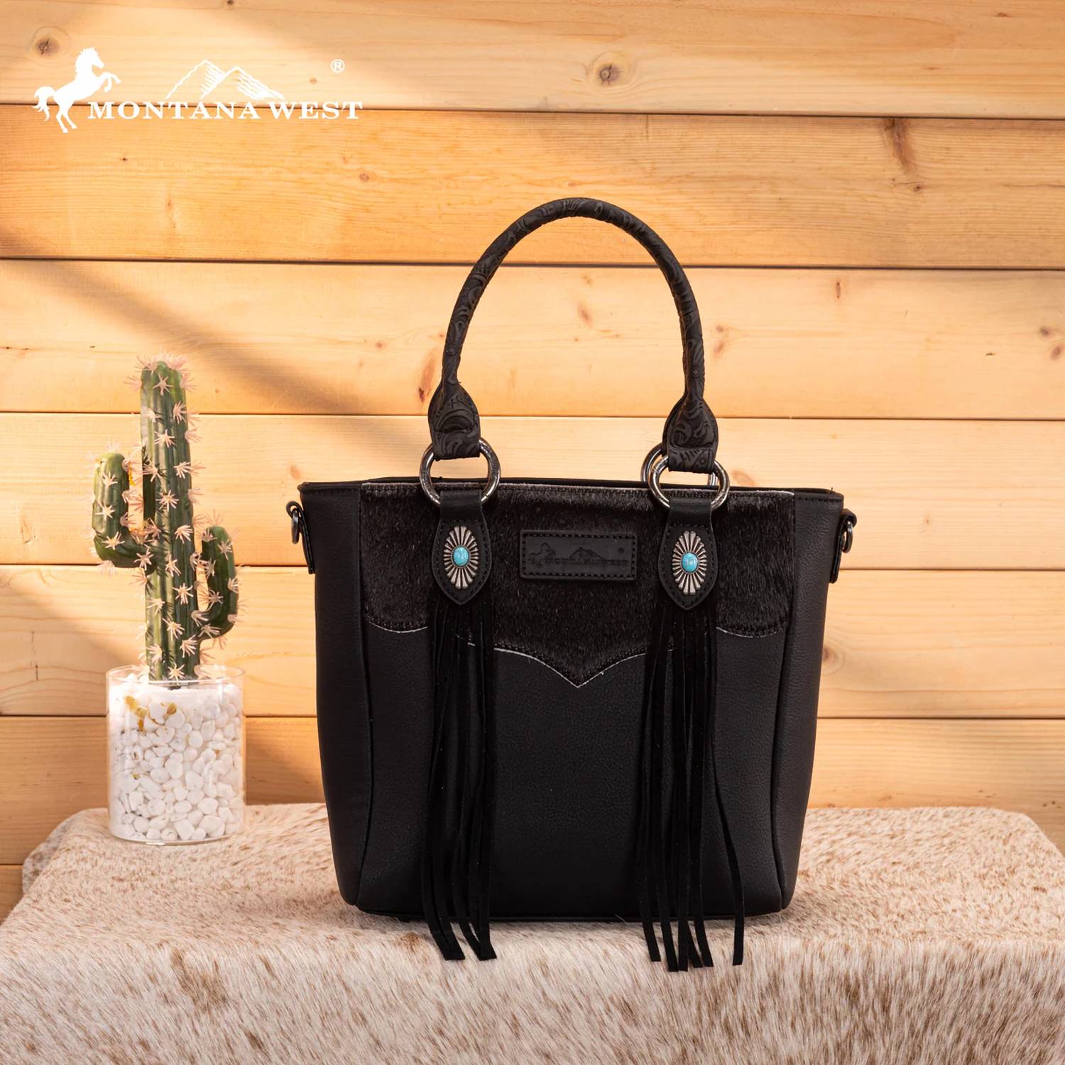 Montana West Hair-On Hide Concealed Carry Tote Bag with Tooled Strap in black - women's bag