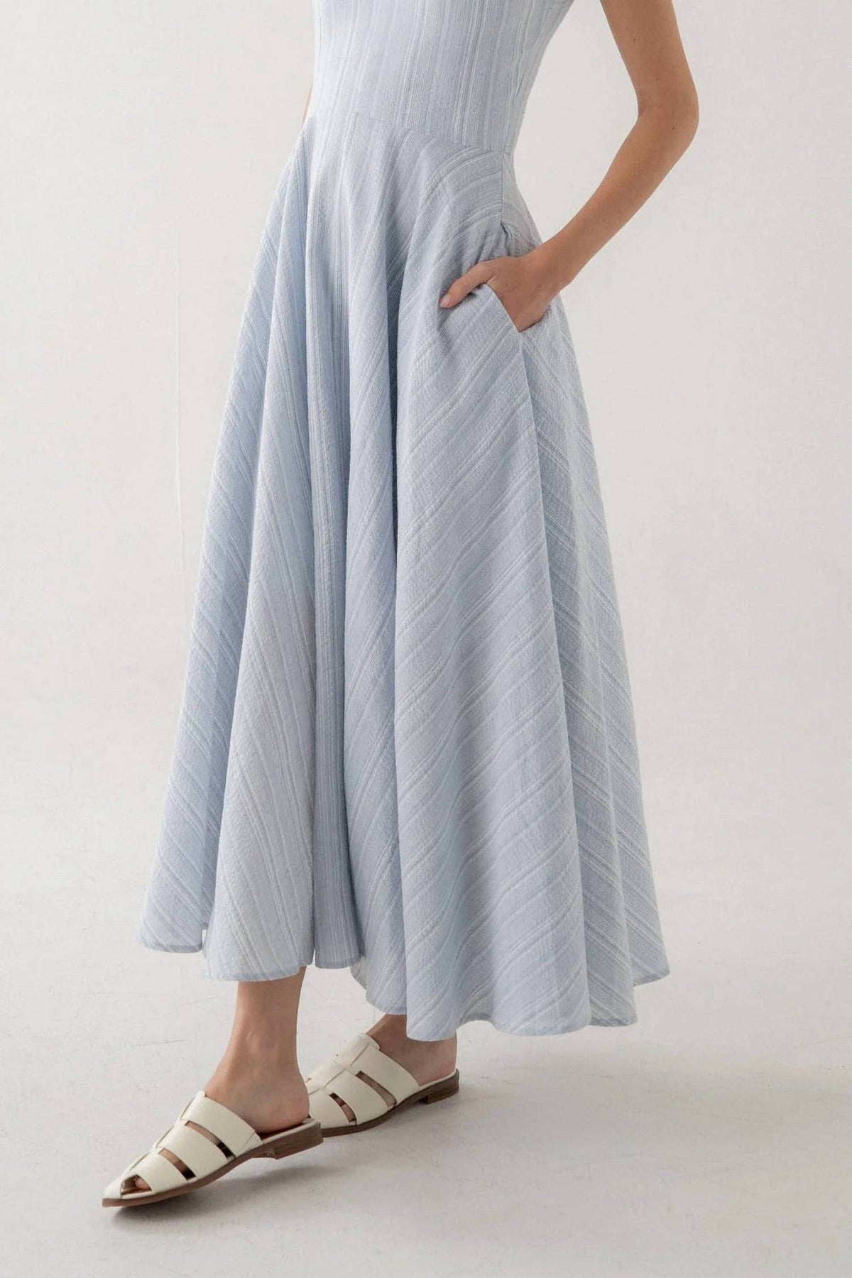 Elle Grey - V-neck Midi Stress Pinstripe Dress