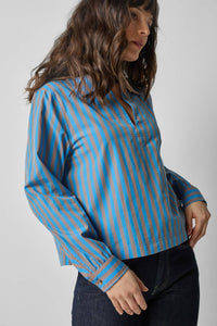 Lilla P Striped Split Neck Collared Shirt in cocoa lapis stripe - women's long sleeve top - detail view